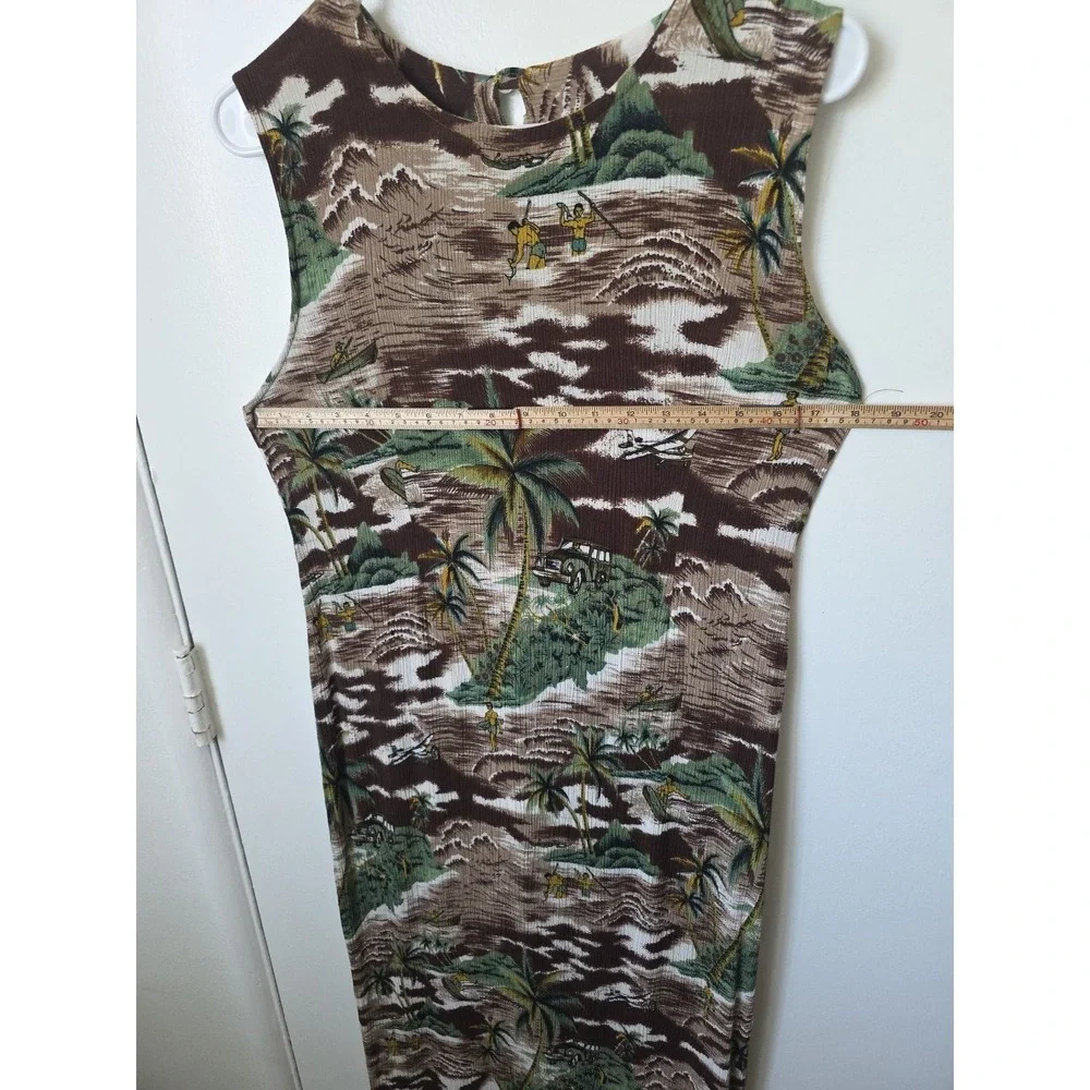 Vintage‎ Tropical Hawaiian Scenic Print Sleeveless Maxi Dress Brown Green Tan